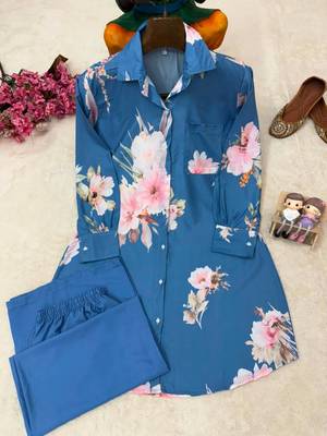 blue color brush floral digital print work silk blend shirt palazzo set 3