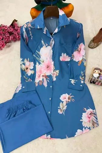 blue color brush floral digital print work silk blend shirt palazzo set
