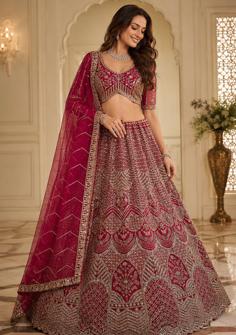 rani pink color Fancy Patten and Motif Crystal and Sequince work net Lehenga Choli set