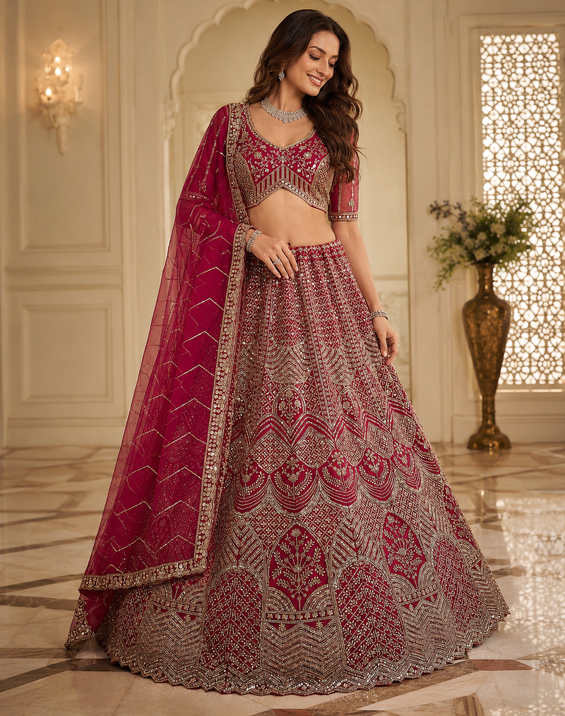 rani pink color Fancy Patten and Motif Crystal and Sequince work net Lehenga Choli set