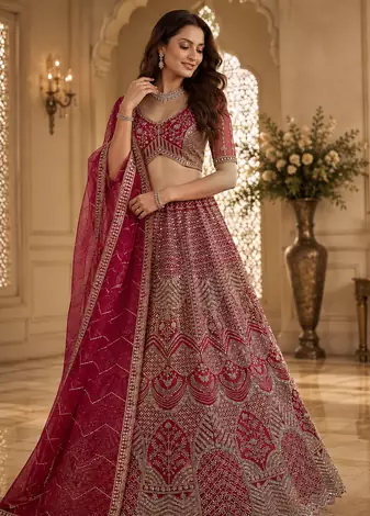 rani pink color Fancy Patten and Motif Crystal and Sequince work net Lehenga Choli set