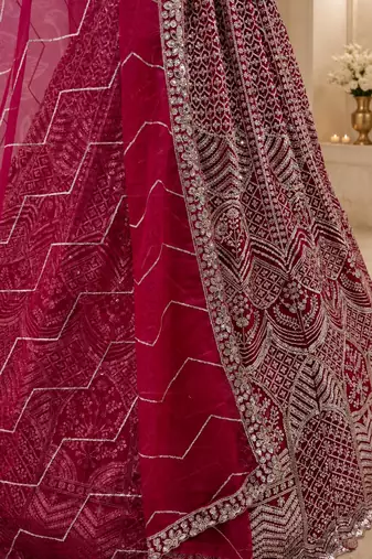 rani pink color Fancy Patten and Motif Crystal and Sequince work net Lehenga Choli set