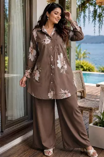 Brown Color Brush floral digital print work Silk Blend Shirt Palazzo Set