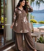 Brown Color Brush floral digital print work Silk Blend Shirt Palazzo Set