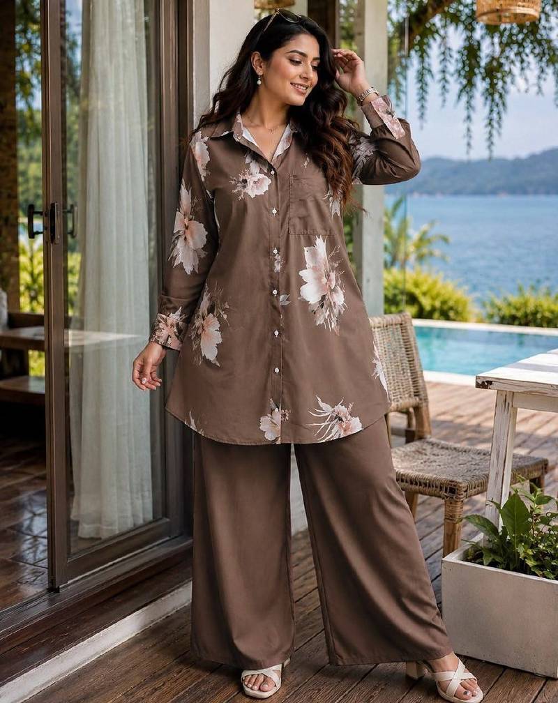 Brown Color Brush floral digital print work Silk Blend Shirt Palazzo Set