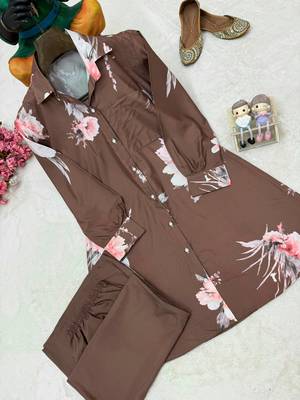 Brown Color Brush floral digital print work Silk Blend Shirt Palazzo Set 2