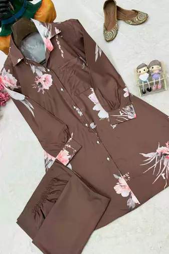 Brown Color Brush floral digital print work Silk Blend Shirt Palazzo Set