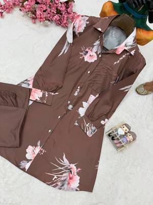 Brown Color Brush floral digital print work Silk Blend Shirt Palazzo Set 3