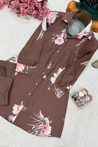 Brown Color Brush floral digital print work Silk Blend Shirt Palazzo Set