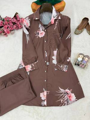 Brown Color Brush floral digital print work Silk Blend Shirt Palazzo Set 4