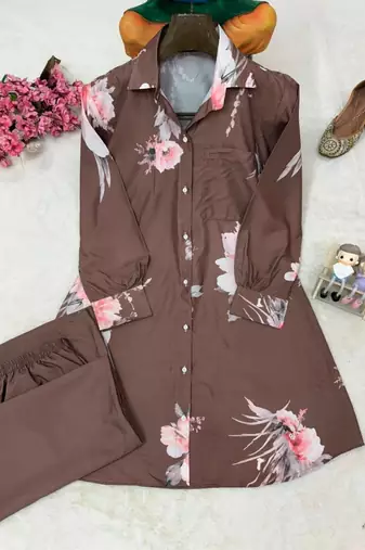 Brown Color Brush floral digital print work Silk Blend Shirt Palazzo Set