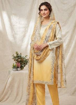 yellow color embroidery and mirror work silk blend salwar suit 1