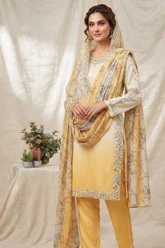yellow color embroidery and mirror work silk blend salwar suit