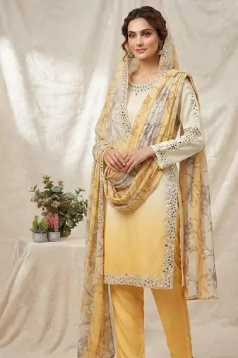 yellow color embroidery and mirror work silk blend salwar suit