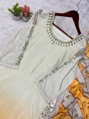 yellow color embroidery and mirror work silk blend salwar suit 2