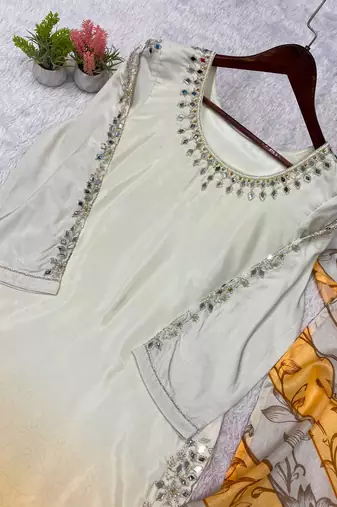 yellow color embroidery and mirror work silk blend salwar suit