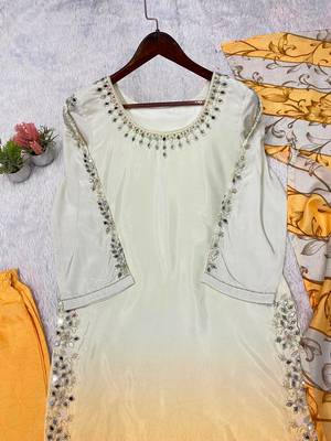 yellow color embroidery and mirror work silk blend salwar suit 3