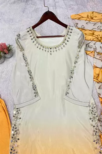 yellow color embroidery and mirror work silk blend salwar suit