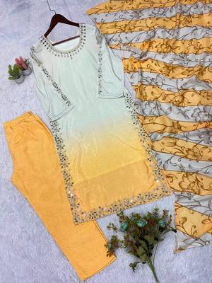 yellow color embroidery and mirror work silk blend salwar suit 4
