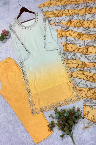 yellow color embroidery and mirror work silk blend salwar suit