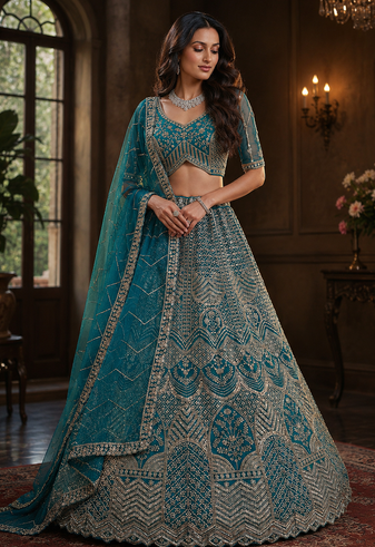 teal color Fancy Patten and Motif Crystal and Sequince work net Lehenga Choli set