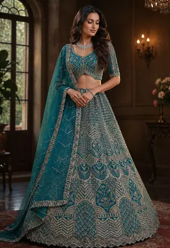 teal color Fancy Patten and Motif Crystal and Sequince work net Lehenga Choli set