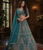 teal color Fancy Patten and Motif Crystal and Sequince work net Lehenga Choli set