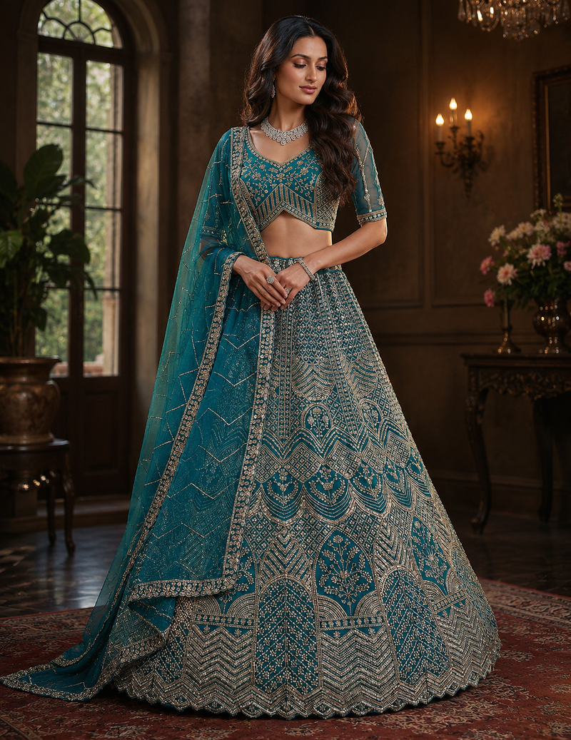 teal color Fancy Patten and Motif Crystal and Sequince work net Lehenga Choli set