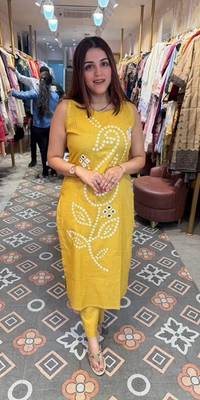 Yellow pure cotton mirror work bandhani printed kurta set 1