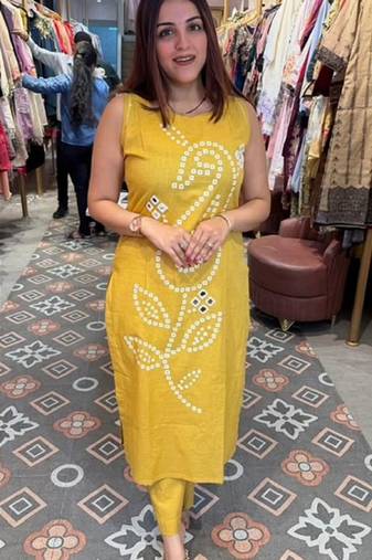 Yellow pure cotton mirror work bandhani printed kurta set