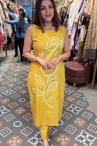 Yellow pure cotton mirror work bandhani printed kurta set