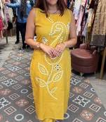 Yellow pure cotton mirror work bandhani printed kurta set