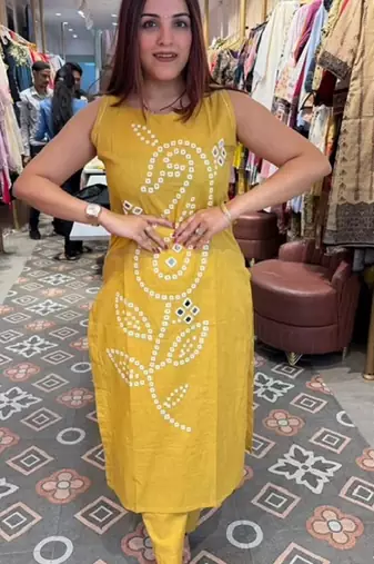 Yellow pure cotton mirror work bandhani printed kurta set