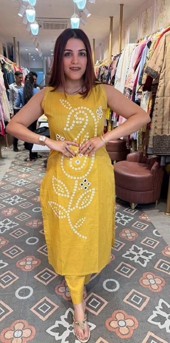 Yellow pure cotton mirror work bandhani printed kurta set