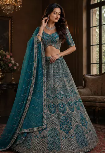 teal color Fancy Patten and Motif Crystal and Sequince work net Lehenga Choli set