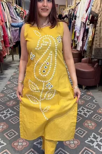 Yellow pure cotton mirror work bandhani printed kurta set