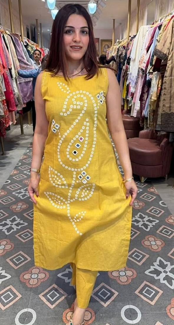 Yellow pure cotton mirror work bandhani printed kurta set