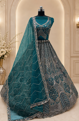 teal color Fancy Patten and Motif Crystal and Sequince work net Lehenga Choli set 3