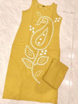 Yellow pure cotton mirror work bandhani printed kurta set 4