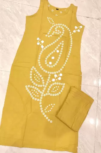 Yellow pure cotton mirror work bandhani printed kurta set