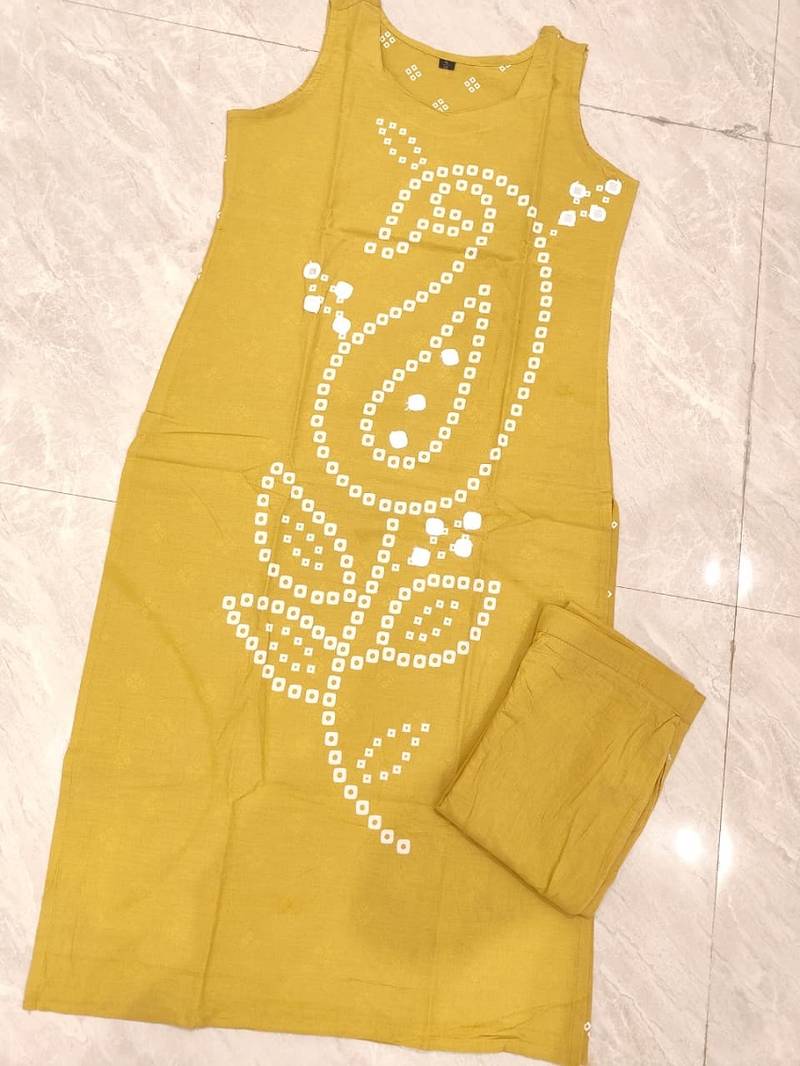 Yellow pure cotton mirror work bandhani printed kurta set