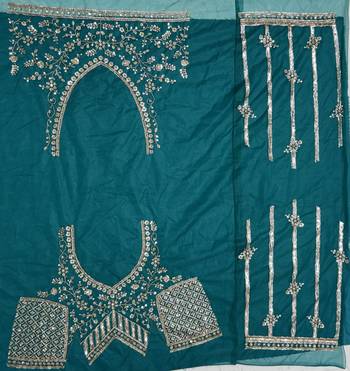 teal color Fancy Patten and Motif Crystal and Sequince work net Lehenga Choli set 5