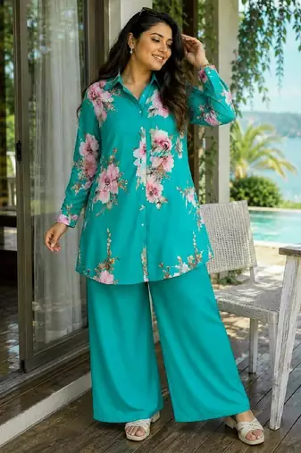 emerald color brush floral digital print work silk blend shirt palazzo set