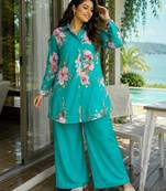 emerald color brush floral digital print work silk blend shirt palazzo set