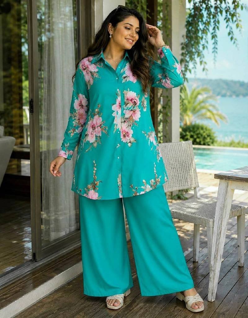 emerald color brush floral digital print work silk blend shirt palazzo set
