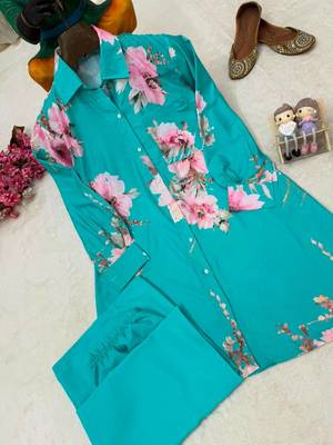 emerald color brush floral digital print work silk blend shirt palazzo set 2