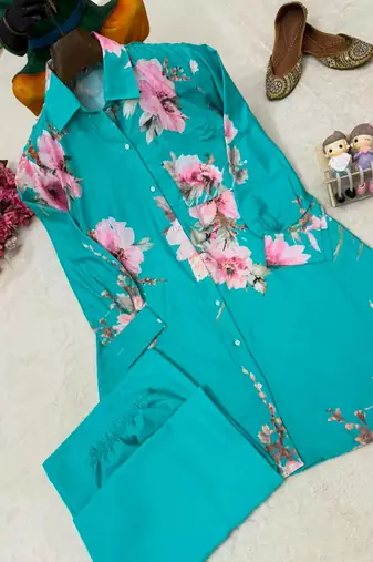 emerald color brush floral digital print work silk blend shirt palazzo set