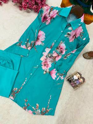 emerald color brush floral digital print work silk blend shirt palazzo set 3