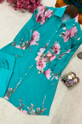 emerald color brush floral digital print work silk blend shirt palazzo set