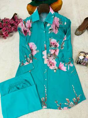 emerald color brush floral digital print work silk blend shirt palazzo set 4